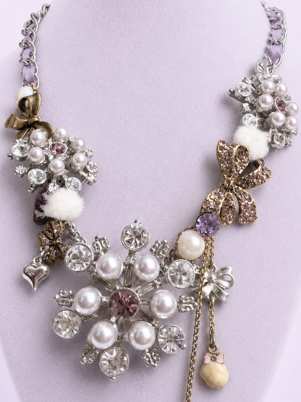 Betsey Johnson Lavender Pearl, Crystal & Bow Cluster Necklace